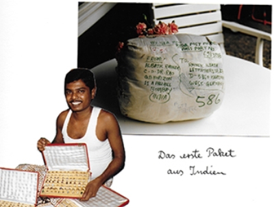 indischer Schmuckhaendler mit Paket Goldschmiede Albath